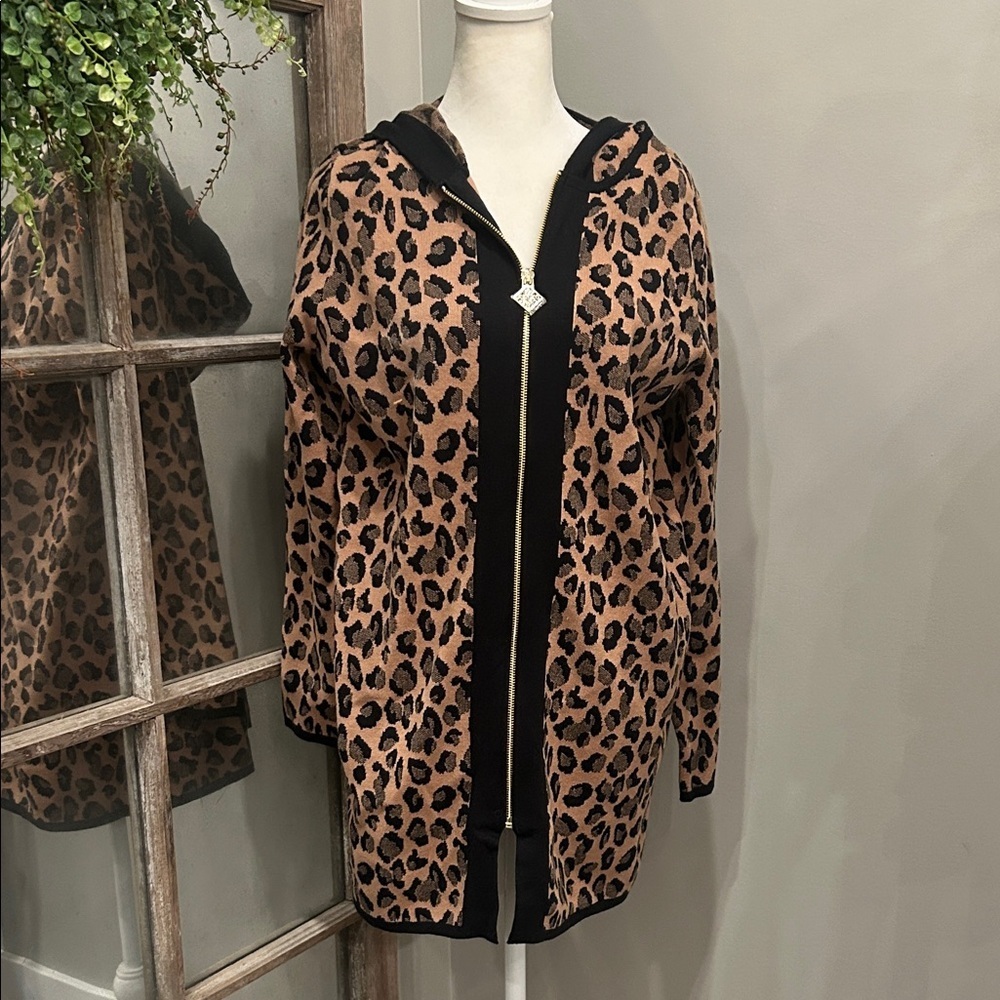 Anne Klein Leopard Print Long Hooded Zip Jacket - Black & Brown M